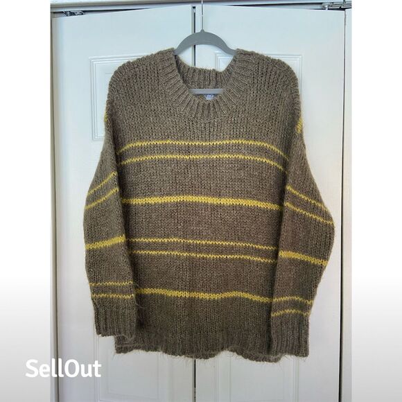 Aerie Tops - Aerie Women's M Brown Striped Chunky Knit Sweater Balloon Sleeve Pullover